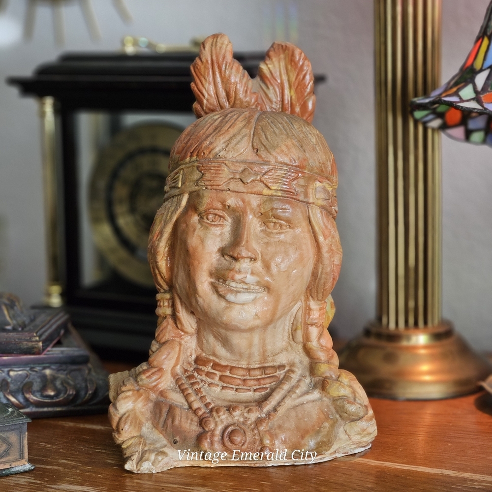 Vintage Native American Indian Woman Statue Swirl Clay Resin Carved Sculpture